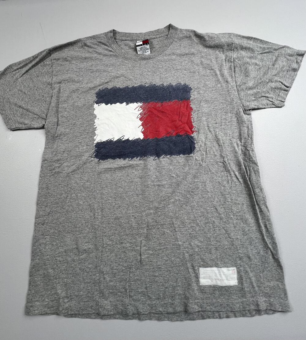 Vintage Tommy Jeans Shirt Mens Large Gray Flag Logo Patch Graphic Tee USA 90s